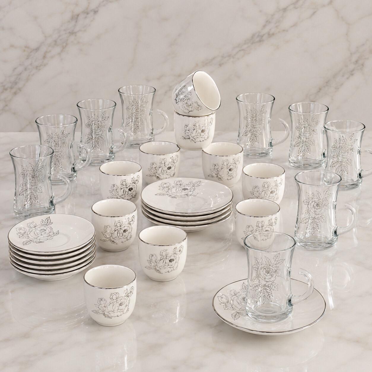 طقم كاسات وفناجين 36 قطعة – أبيض – Premium Cups & Glasses Serving Set 