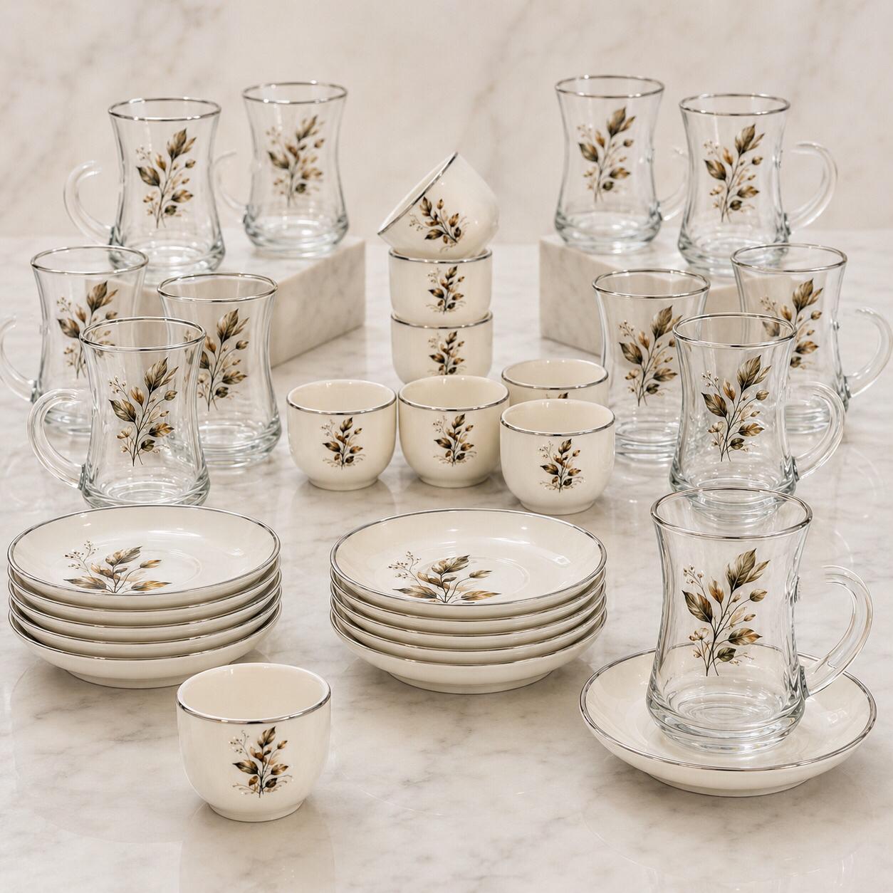 طقم كاسات وفناجين 36 قطعة – ذهبي – Premium Cups & Glasses Serving Set 