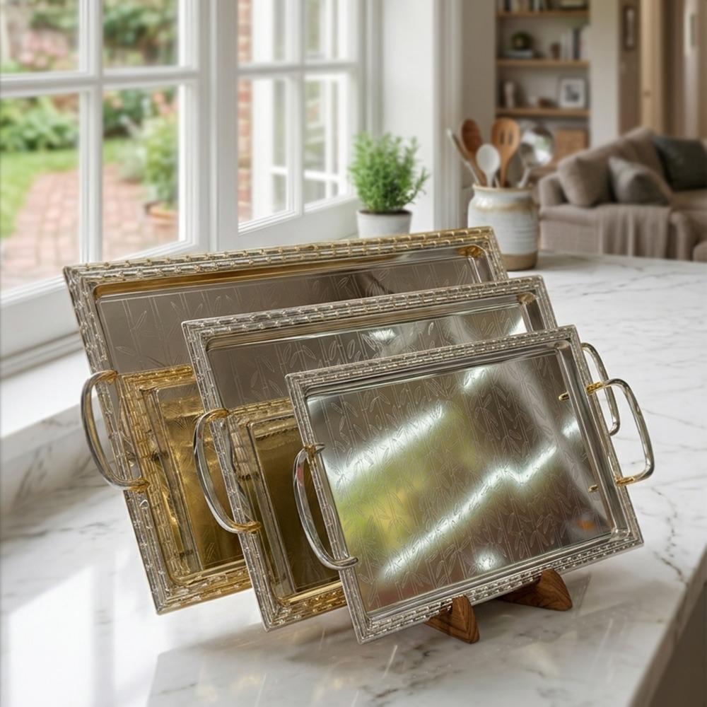 طقم صواني ستيل بتصميم نقشة راقية - 3 حبة – Luxury Serving Tray