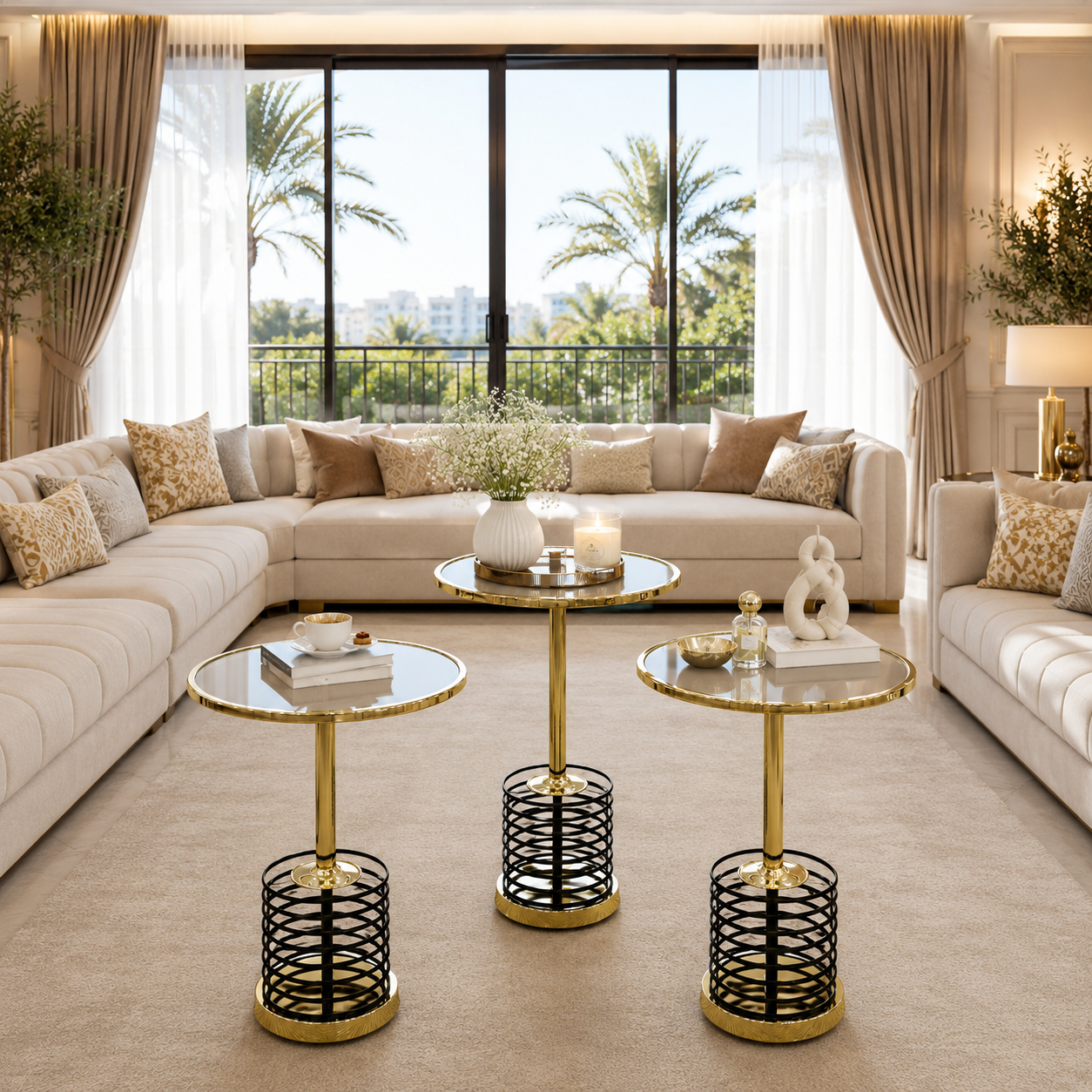 طقم 3 طاولات ذهبي معئ أسود  خدمة فاخرة – تصميم عصري بلمسة ملكية – 3-Ta