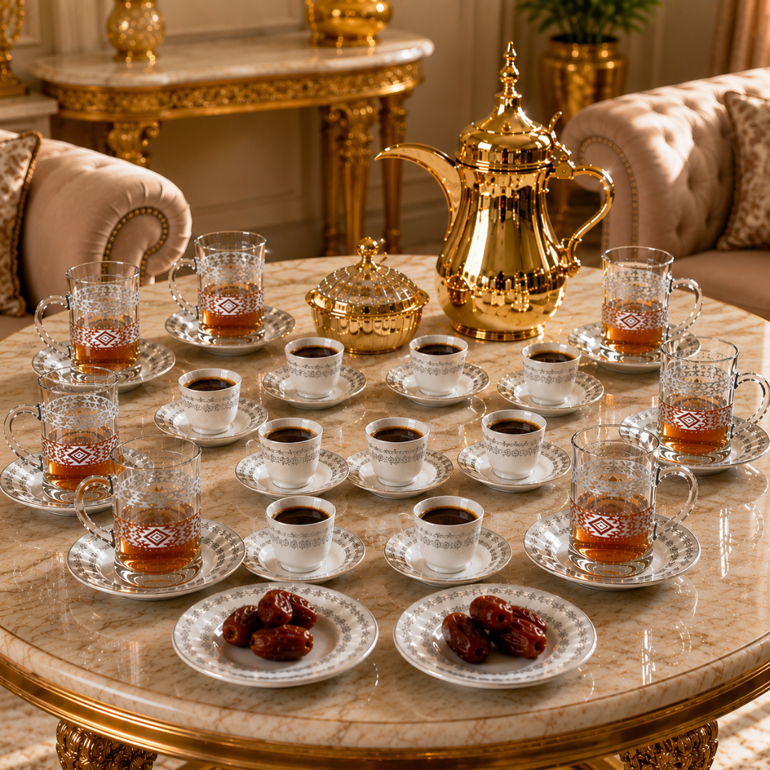 طقم ضيافة فاخر بنقوش عربية أنيقة 36 قطعة – – Luxury Arabic Engraved Ho