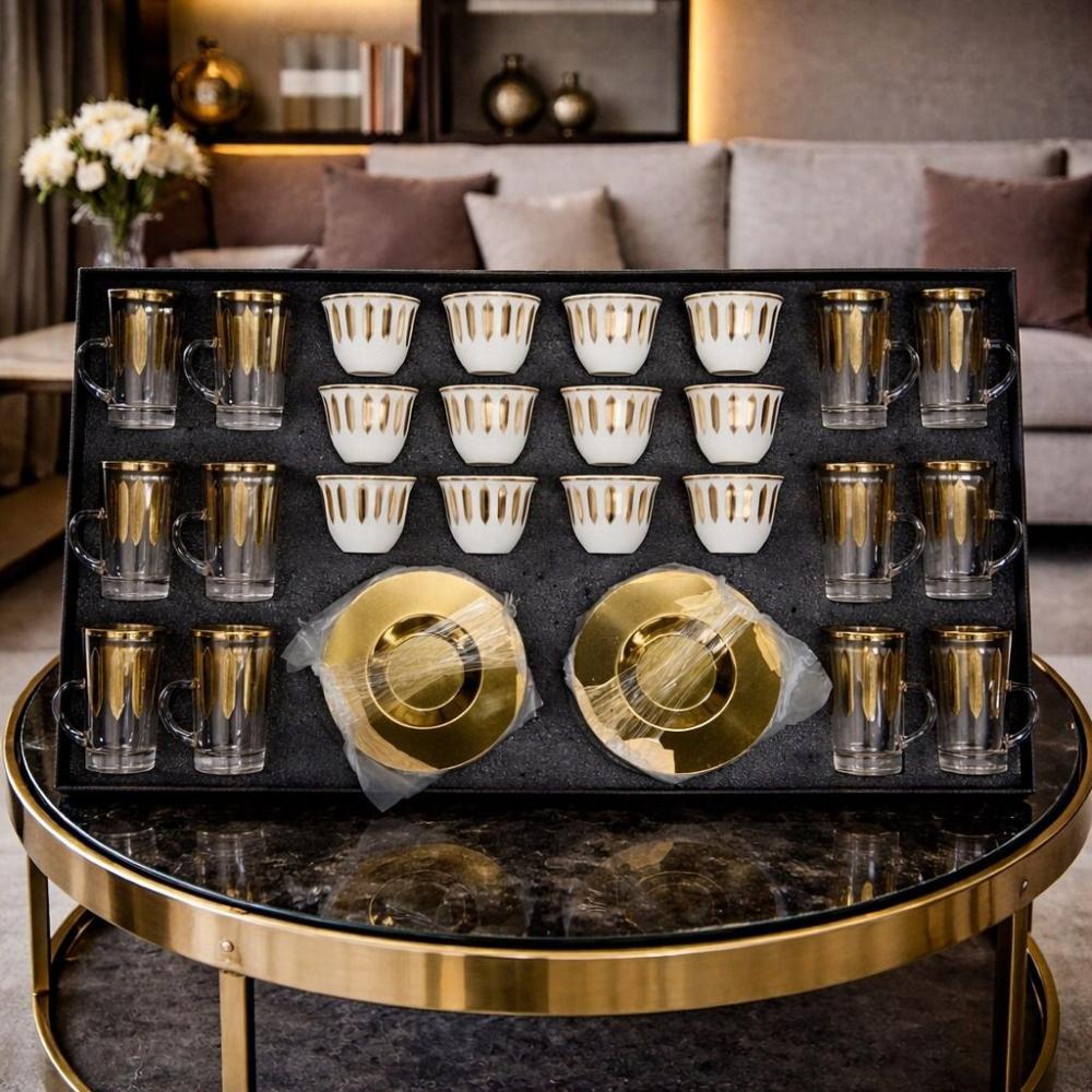طقم ضيافة فناجين وصحون قهوة بورسلين مزخرف بنقوش ذهبية– – Porcelain Cof