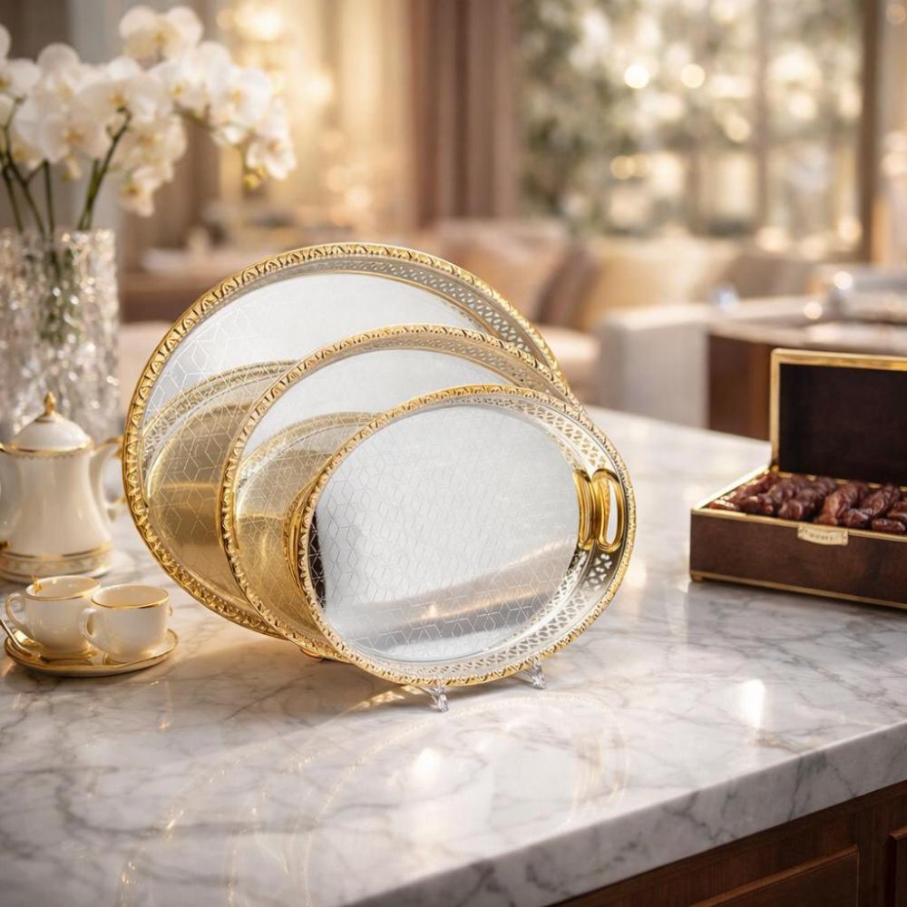طقم صواني ضيافة ستيل 3 حبة مزخرف – تصميم فاخر للمجالس – Luxury Serving