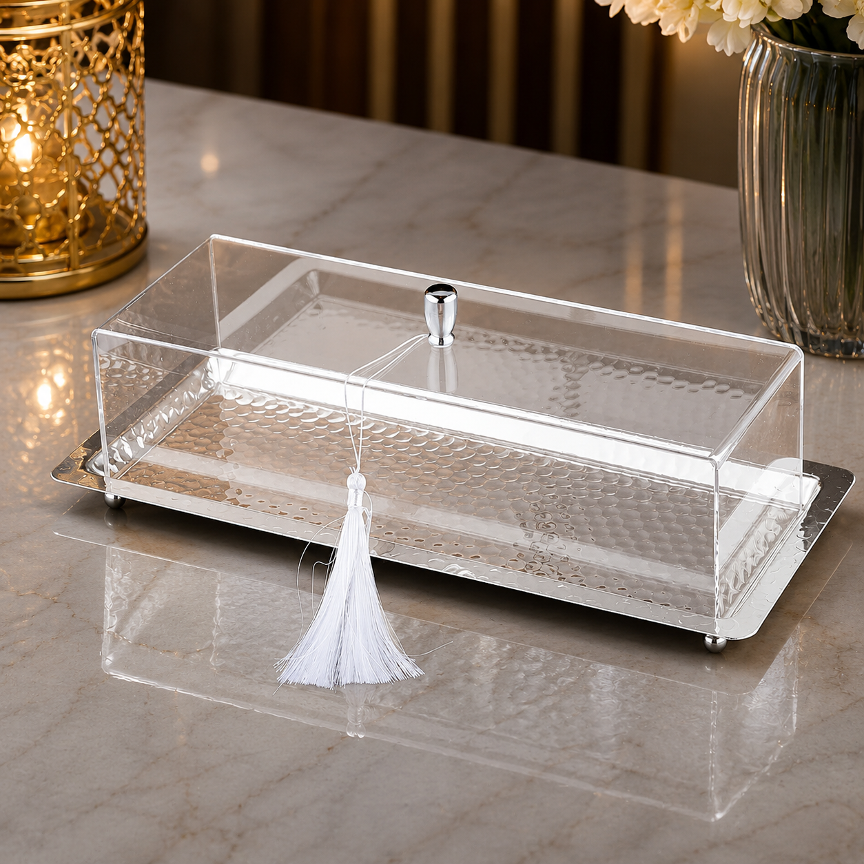 صحن تقديم فاخر مع غطاء أكريليك شفاف – Luxury Serving Dish with Clear A