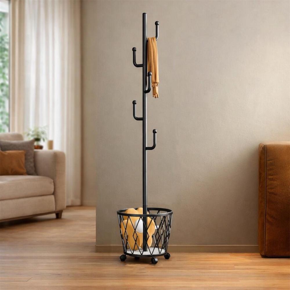 شماعة ملابس متحركة مع سلة معدن بالقاعدة لون أسود – Metal Clothes Rack
