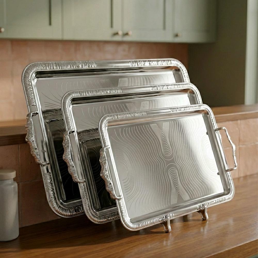 طقم صواني ستيل بتصميم نقشة عصرية - 3 حبة – Luxury Serving Tray