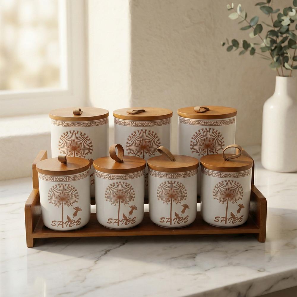 طقم بهارات بورسلين فخم مع ستاند خشب - نقوش جذابة – Porcelain Spice Set
