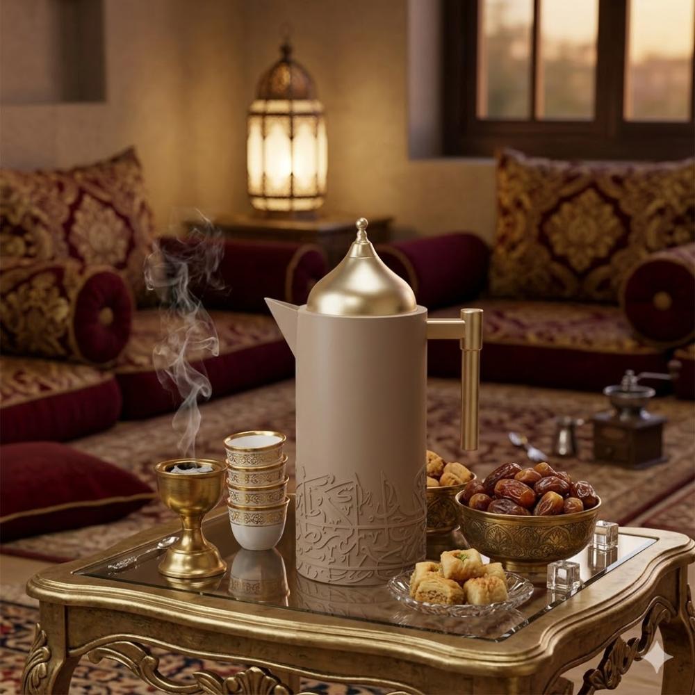 طقم ترمس شاي وقهوة 1 لتر بنقشة ذهبية 2 حبة – بيج – Tea & Coffee Thermo