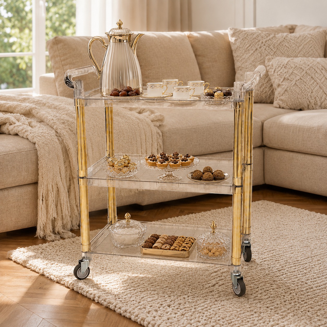 عربة تقديم لون ذهبي 3 دور – 3-Tier Mobile Serving Trolley – Gold