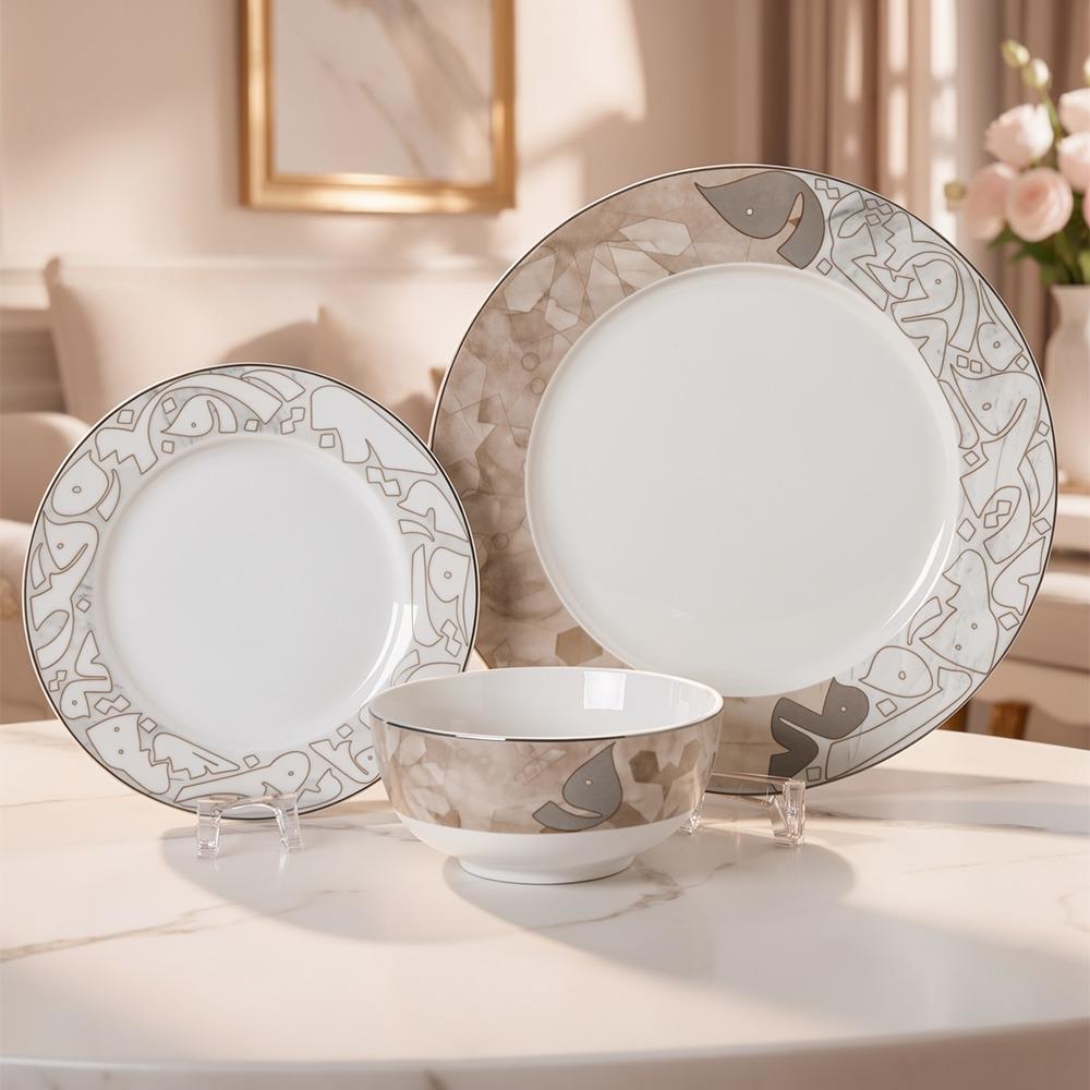 طقم سفرة بورسلين لون بني * ابيض -18 حبة – Porcelain Dinnerware Set – B