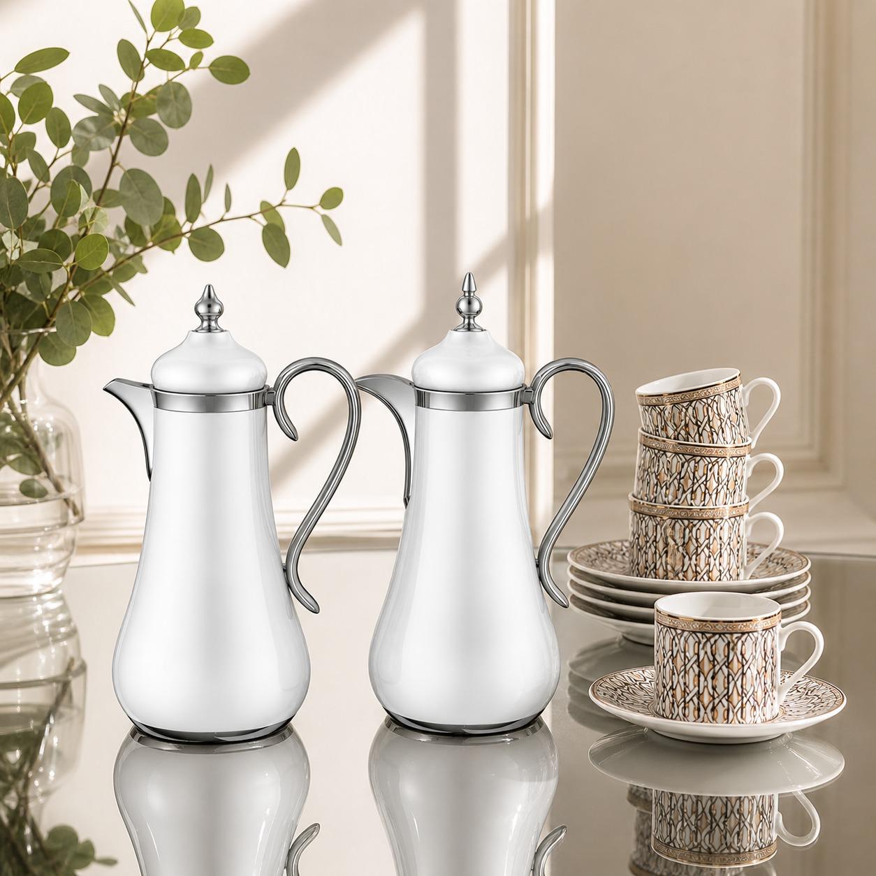 طقم ترامس (ثلاجات قهوة وشاي) لون ابيض مع فضي 1.0 لتر بتصميم – Tea & Co