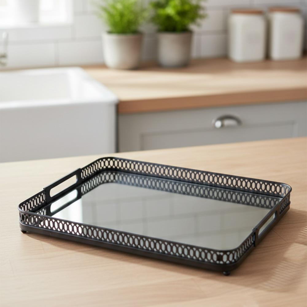 صينية تقديم ستيل بقاعدة مرايا لون أسود – Luxury Serving Tray - Black