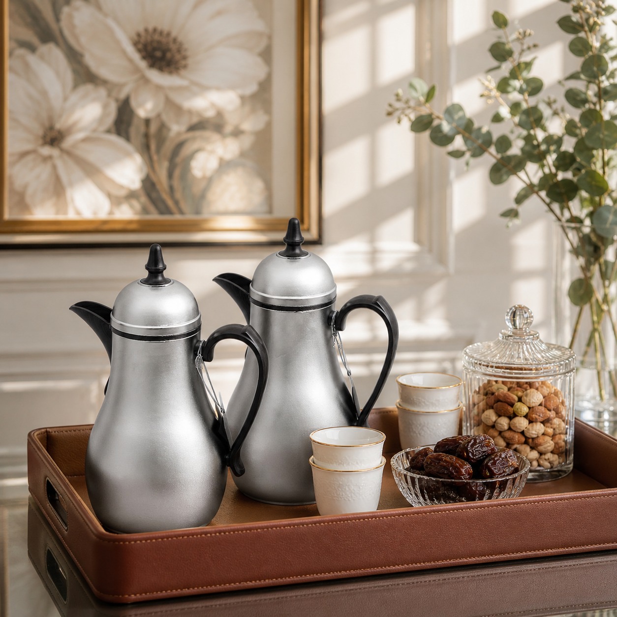 طقم ترامس شاي قهوة فضي مطفي معا الخشبي الداكن – Tea & Coffee Thermos S