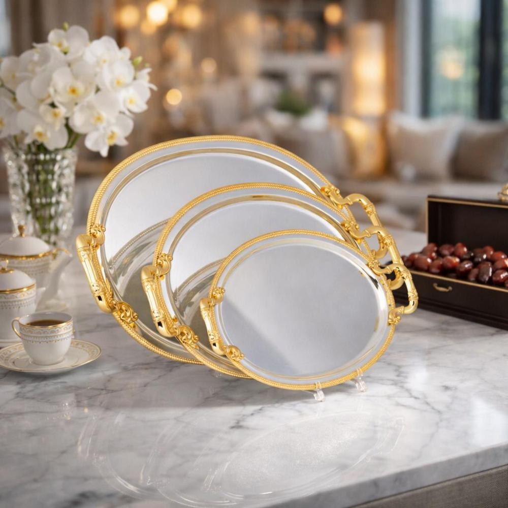 طقم صواني ضيافة ستيل فضي بلمسات ذهبية 3 حبة – تصميم فاخر – Luxury Serv