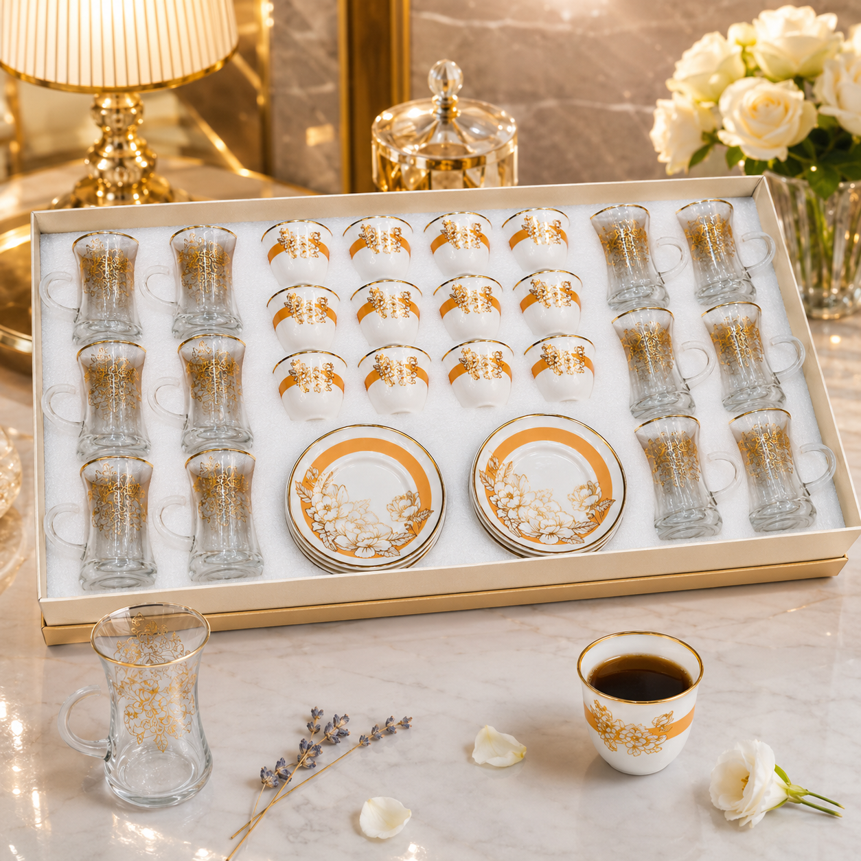 طقم كاسات وفناجين 36 قطعة – ذهبي – Premium Cups & Glasses Serving Set 