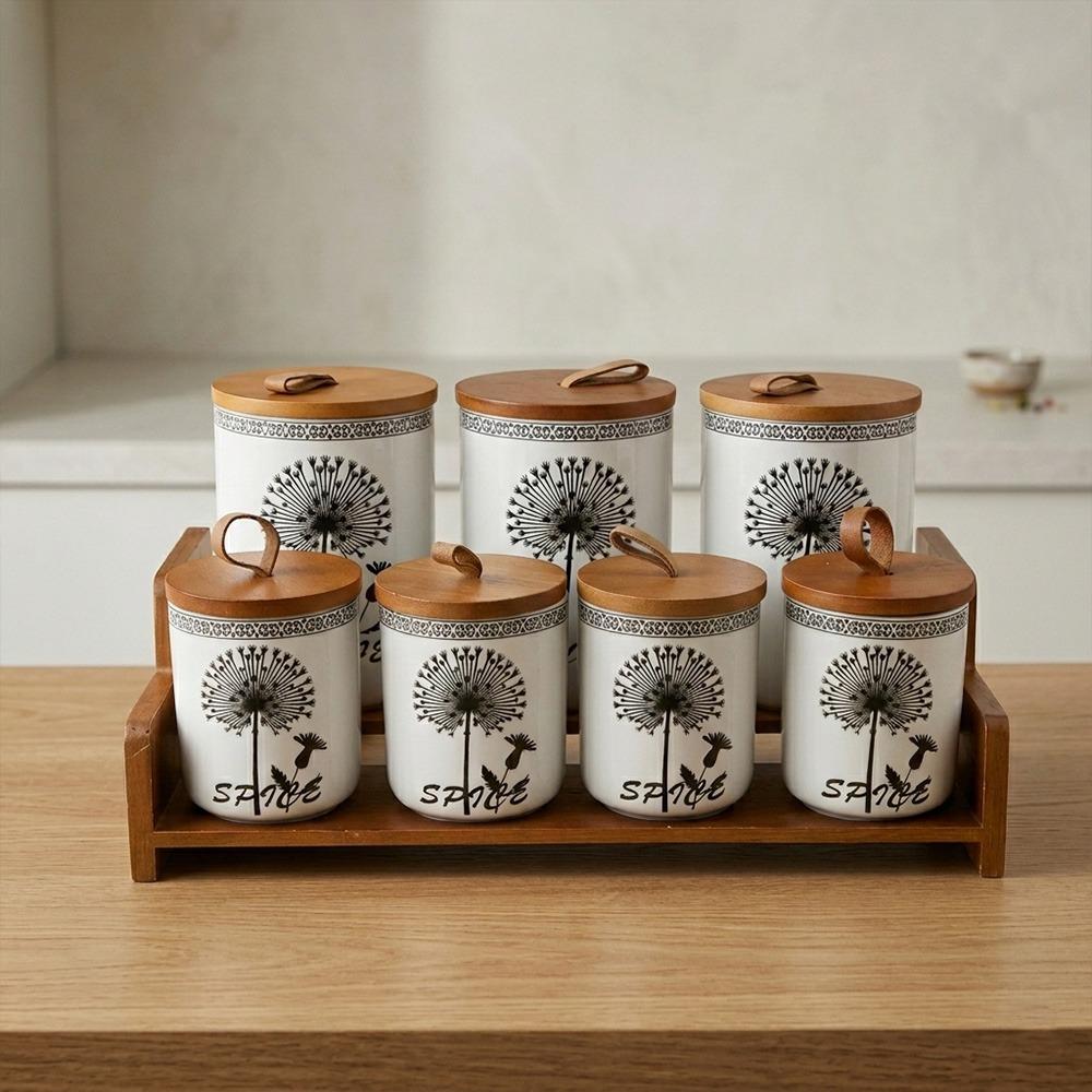 طقم بهارات بورسلين فخم مع ستاند خشب - نقوش جذابة – Porcelain Spice Set
