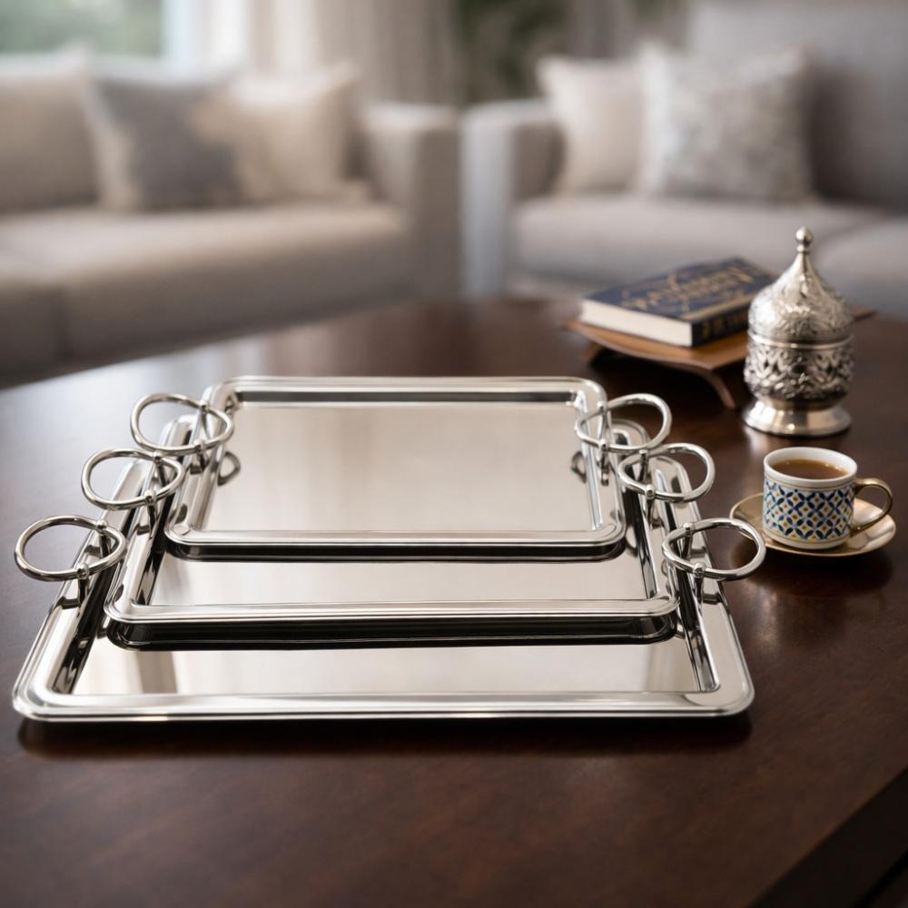 طقم صواني ستيل بتصميم فخم - 3 حبة - لضيافة راقية – Luxury Serving Tray