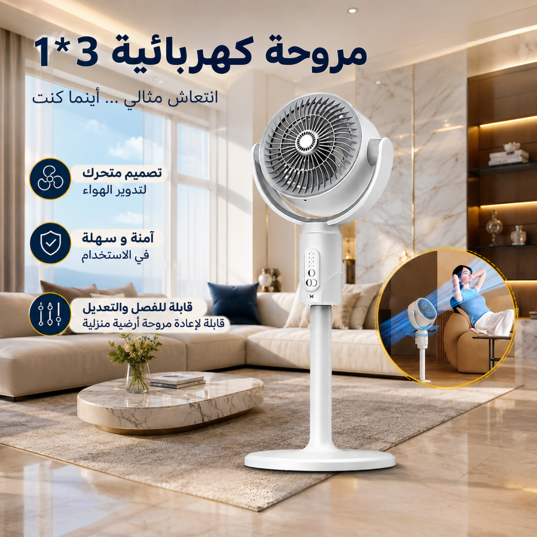 مروحة كهربائية بقاعدة 3×1 – انتعاش ذكي وأناقة عصرية لكل مكان – 3-in-1 