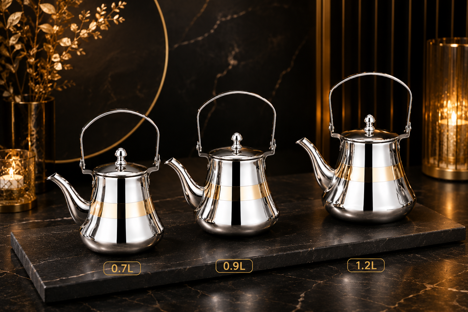 طقم براد شاي فاخر ستانلس ستيل * 0.7 مل* 0.9 مل* 1.2 لتر – Luxury Stain