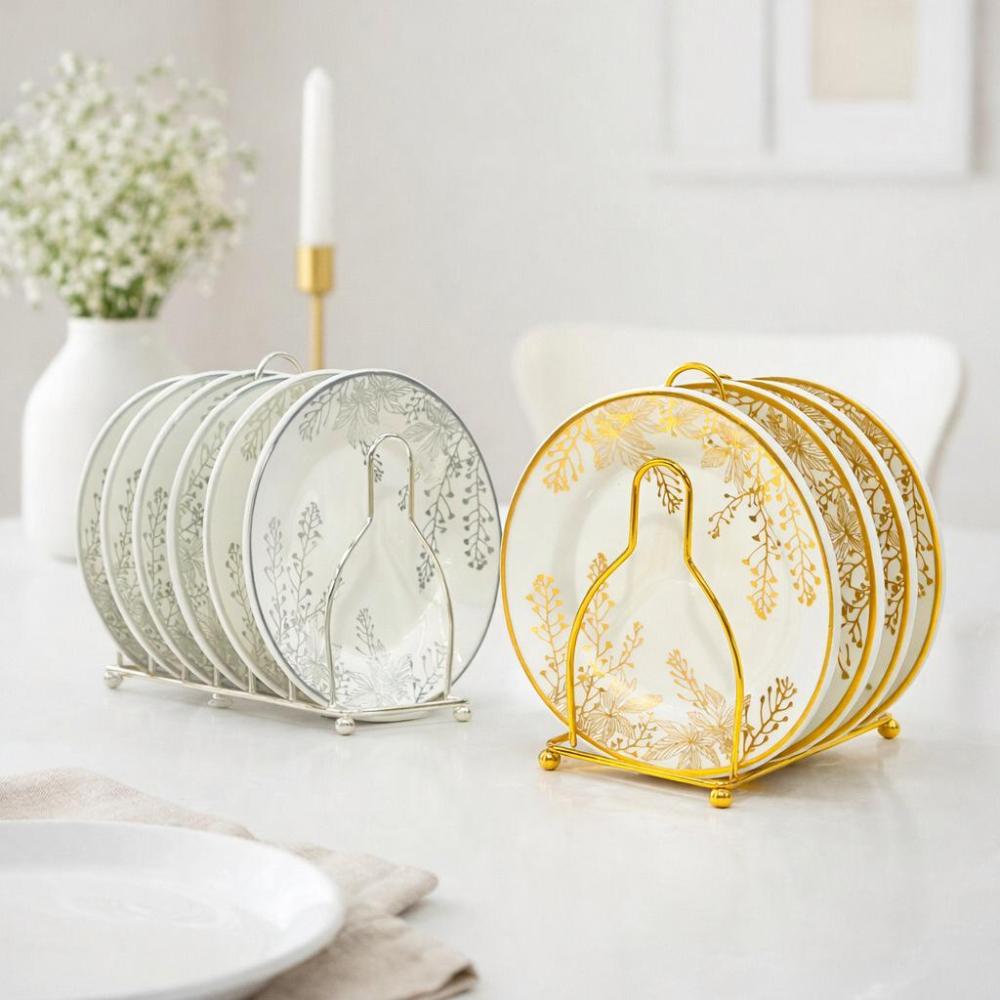طقم سفرة بورسلين 6 قطعة مع حامل معدني – نقاشات مميزة – أبيض – Porcelai