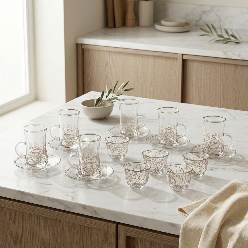 فناجين شاي و قهوة عربي زجاج بتصميم فاخر 18 حبة لون بني – Porcelain Cof