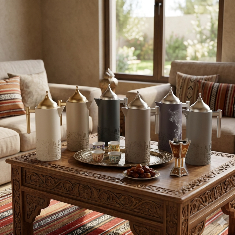 طقم ترمس شاي وقهوة 1 لتر بنقشة ذهبية 2 حبة – بيج – Tea & Coffee Thermo