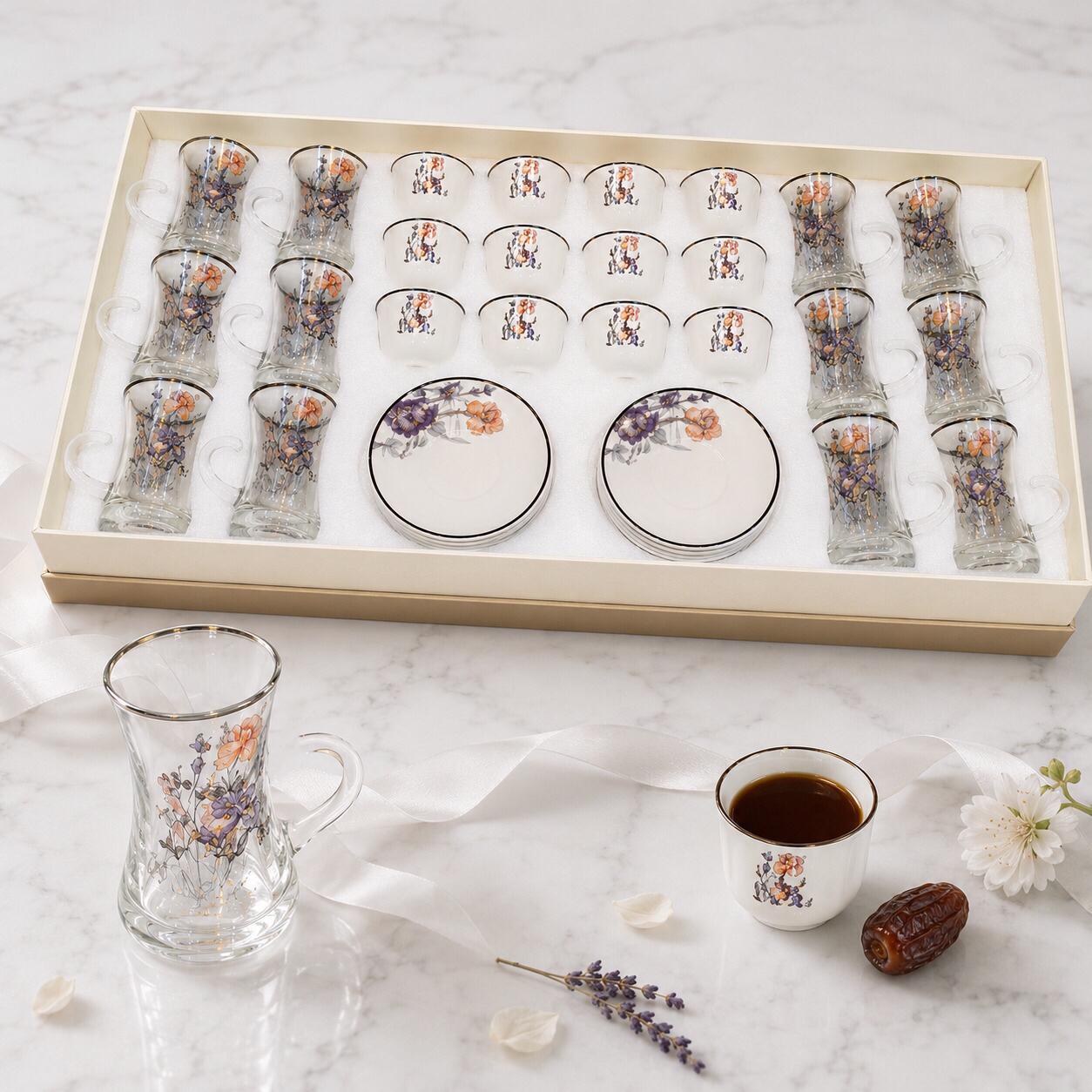 طقم كاسات وفناجين فاخر 36 قطعة – وردي – Premium Cups & Glasses Serving