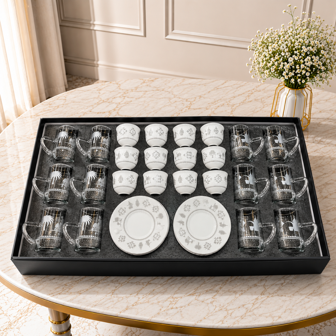طقم ضيافة فاخر بنقوش عربية أنيقة 36 قطعة – – Luxury Arabic Engraved Ho