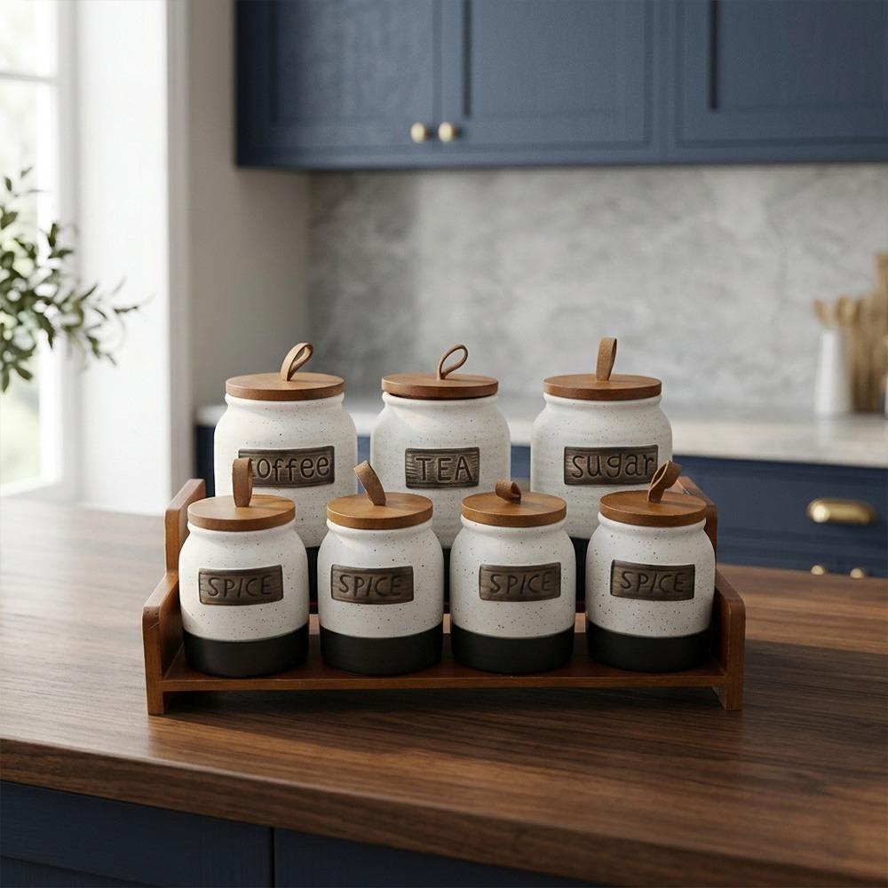 طقم توابل بورسلين 14 قطعة مع ستاند خشب - طابع عصري – Porcelain Spice S