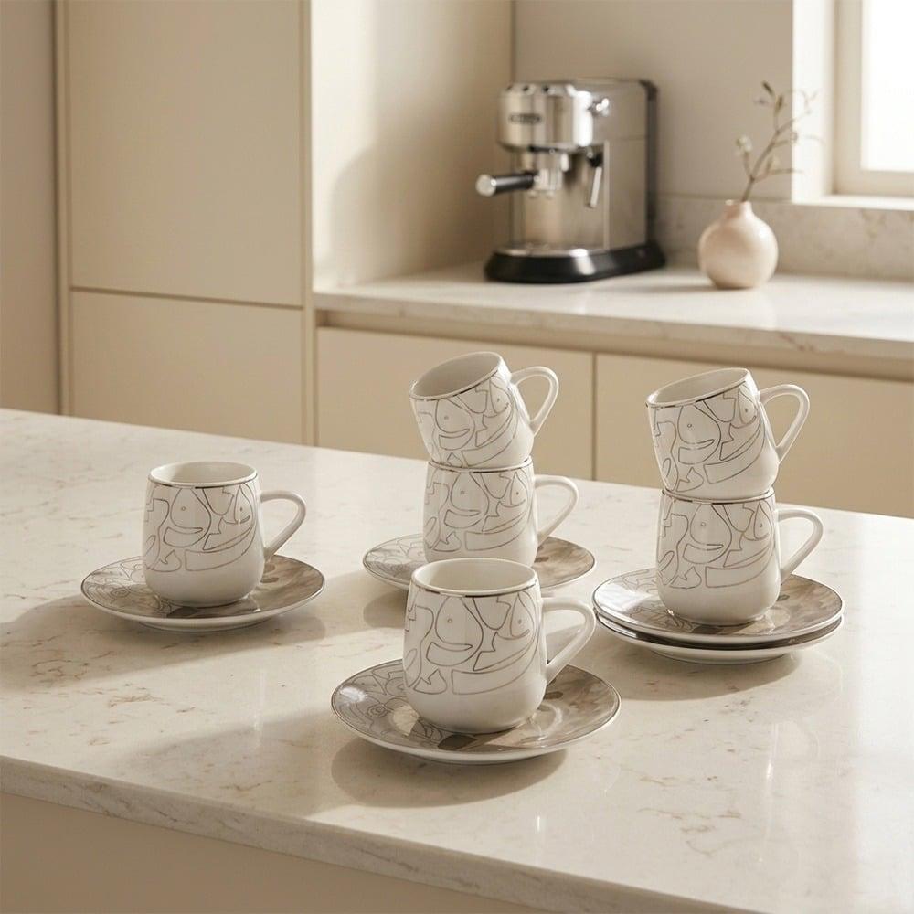 طقم فناجين شاي بورسلين بتصميم فخم مع صحون - 6 حبة – Porcelain Coffee C