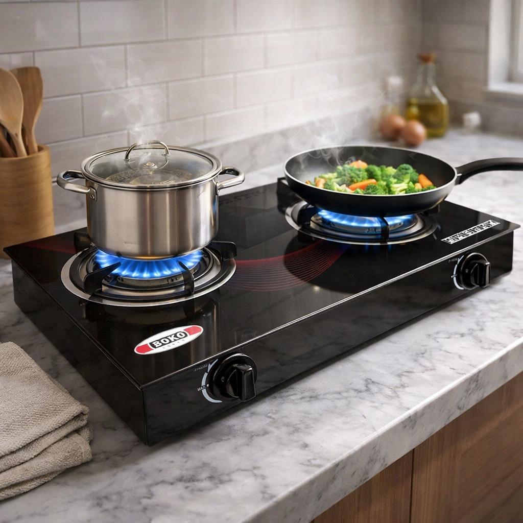 موقد غاز سطحي (موقد عينين) من الزجاج الحراري الأسود – 2-Burner Black T