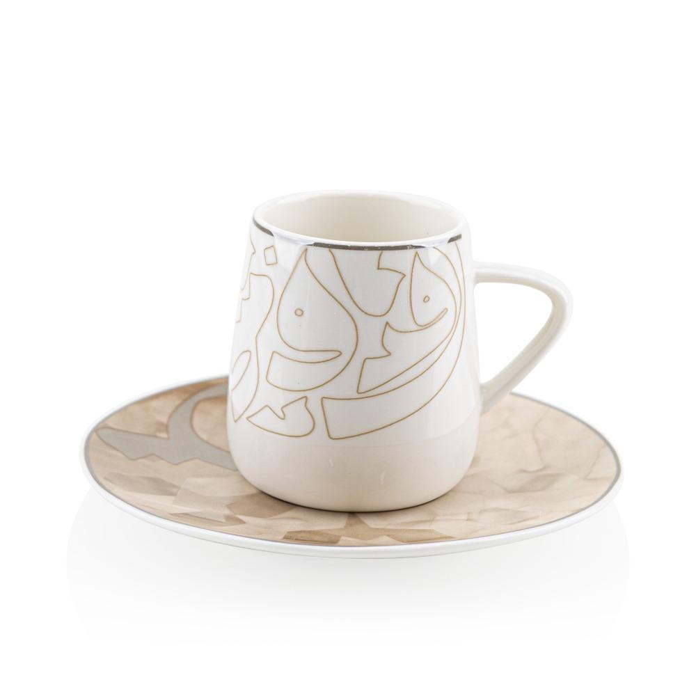 طقم فناجين قهوة بورسلين بتصميم فخم مع الصحون - 6 حبة – Porcelain Coffe