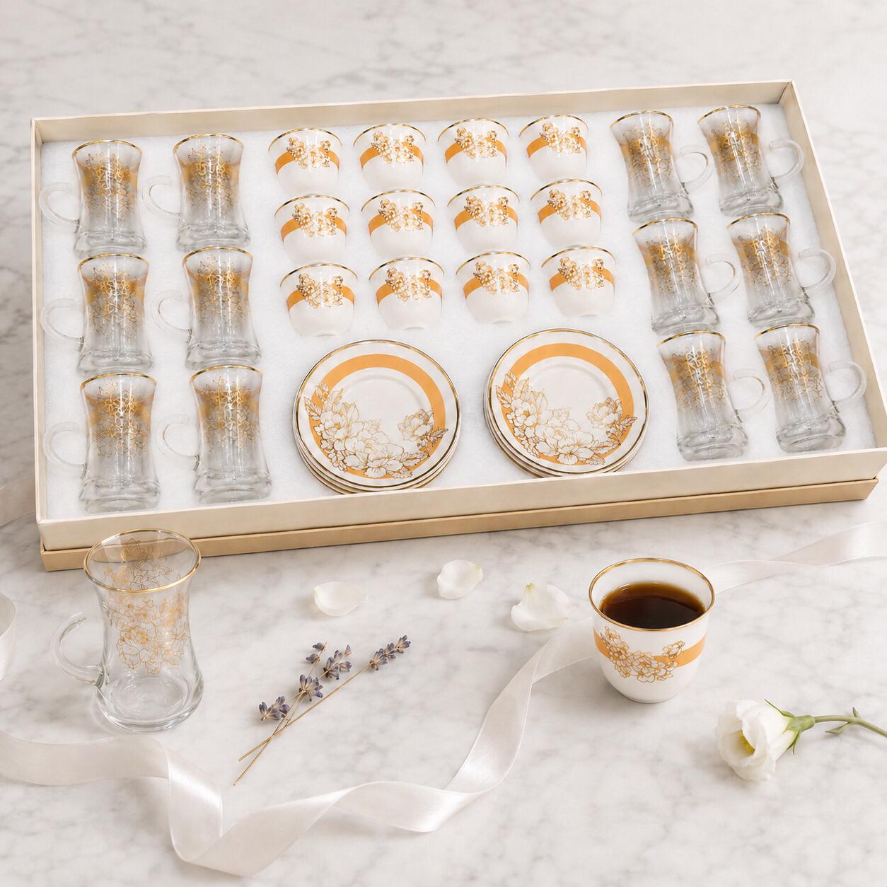طقم كاسات وفناجين 36 قطعة – ذهبي – Premium Cups & Glasses Serving Set 