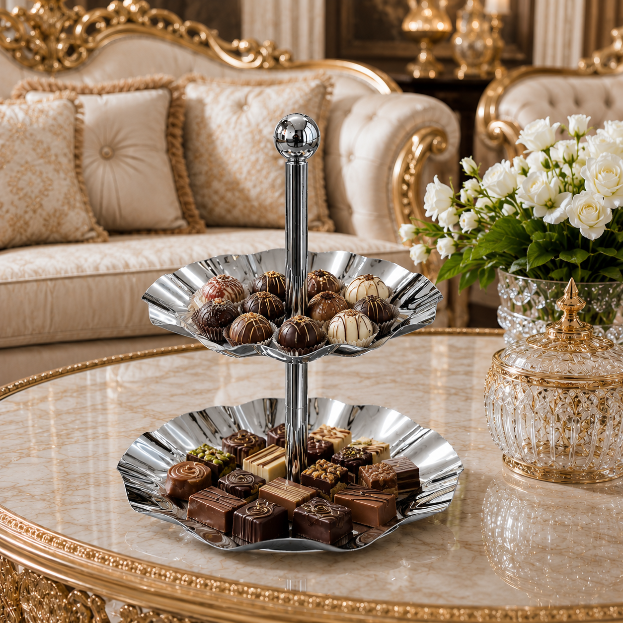 شيّالة حلا استيل فاخرة بطبقتين – Luxury Double-Tier Steel Cake Stand