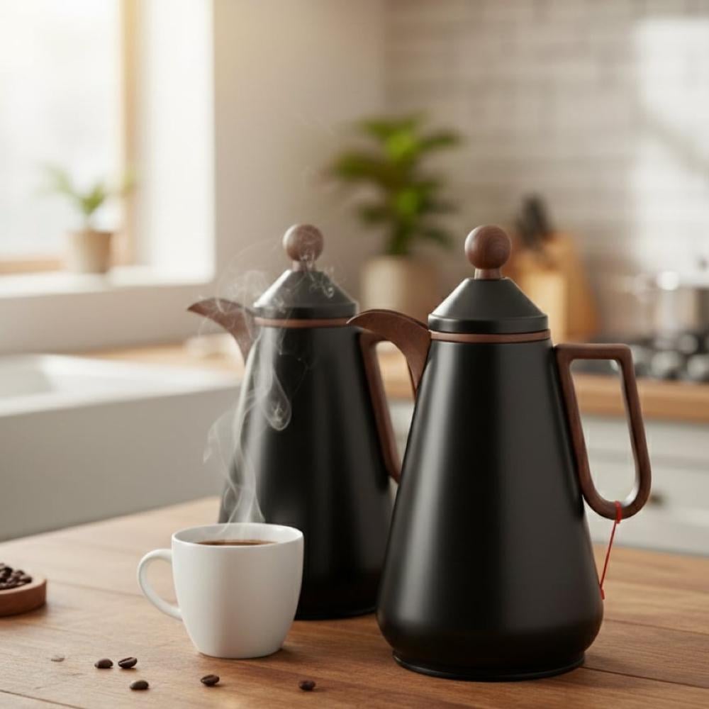 طقم 2 ترمس أسود خشبي – Tea & Coffee Thermos Set - Black