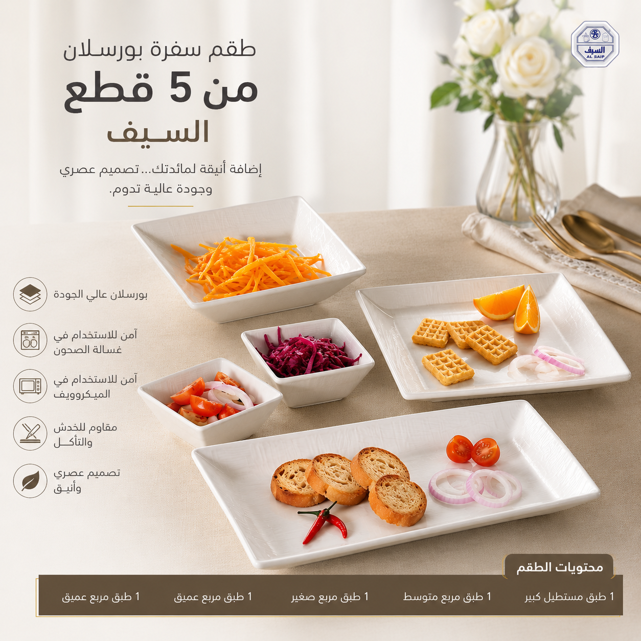 طقم سفرة بورسلان فاخر – 5 قطع | لافيرا هوم – Luxury Porcelain Dinnerwa