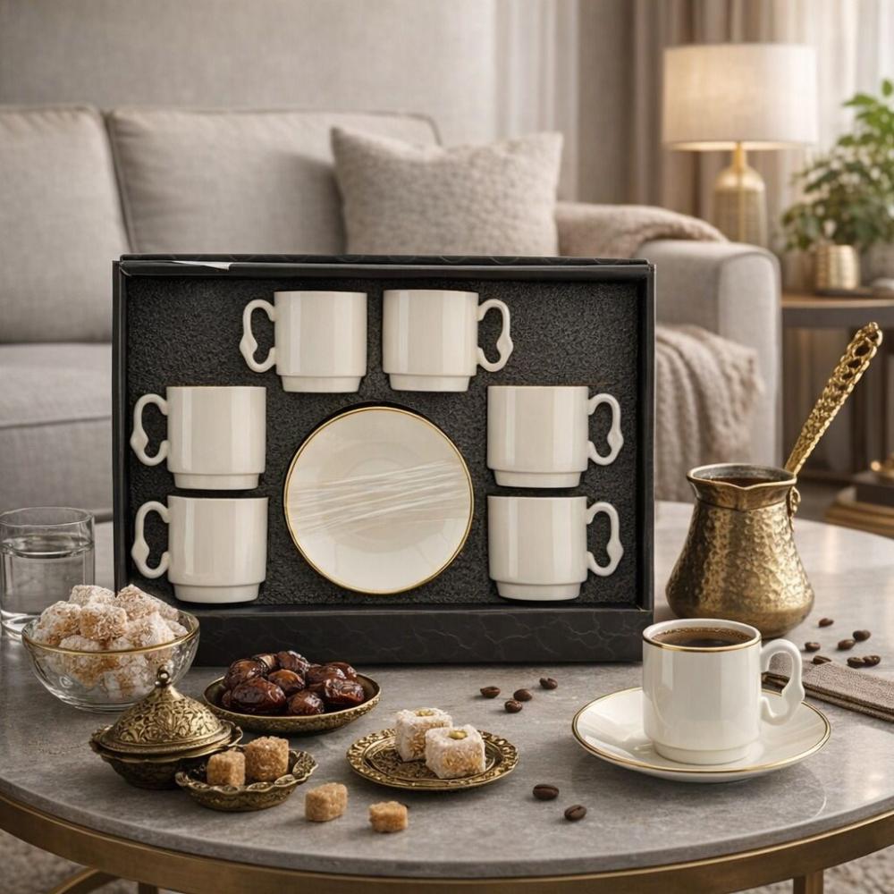 طقم اكواب بورسلين - لون ابيض - يد بمظهر مميز – Porcelain Cup Set – Whi
