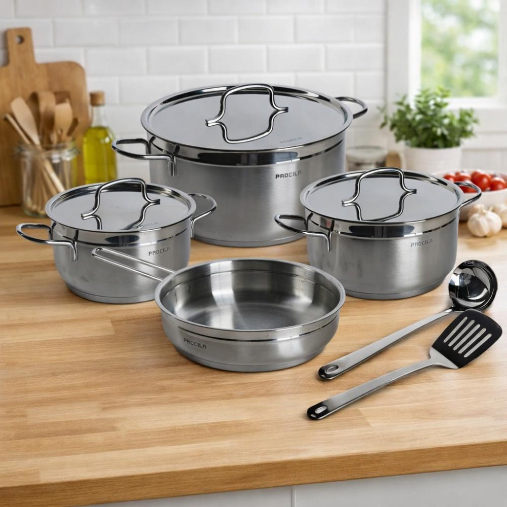 طقم قدور 9 قطع ثقيل - ستيل ألمنيوم - بغطاء زجاج حراري – Stainless Stee