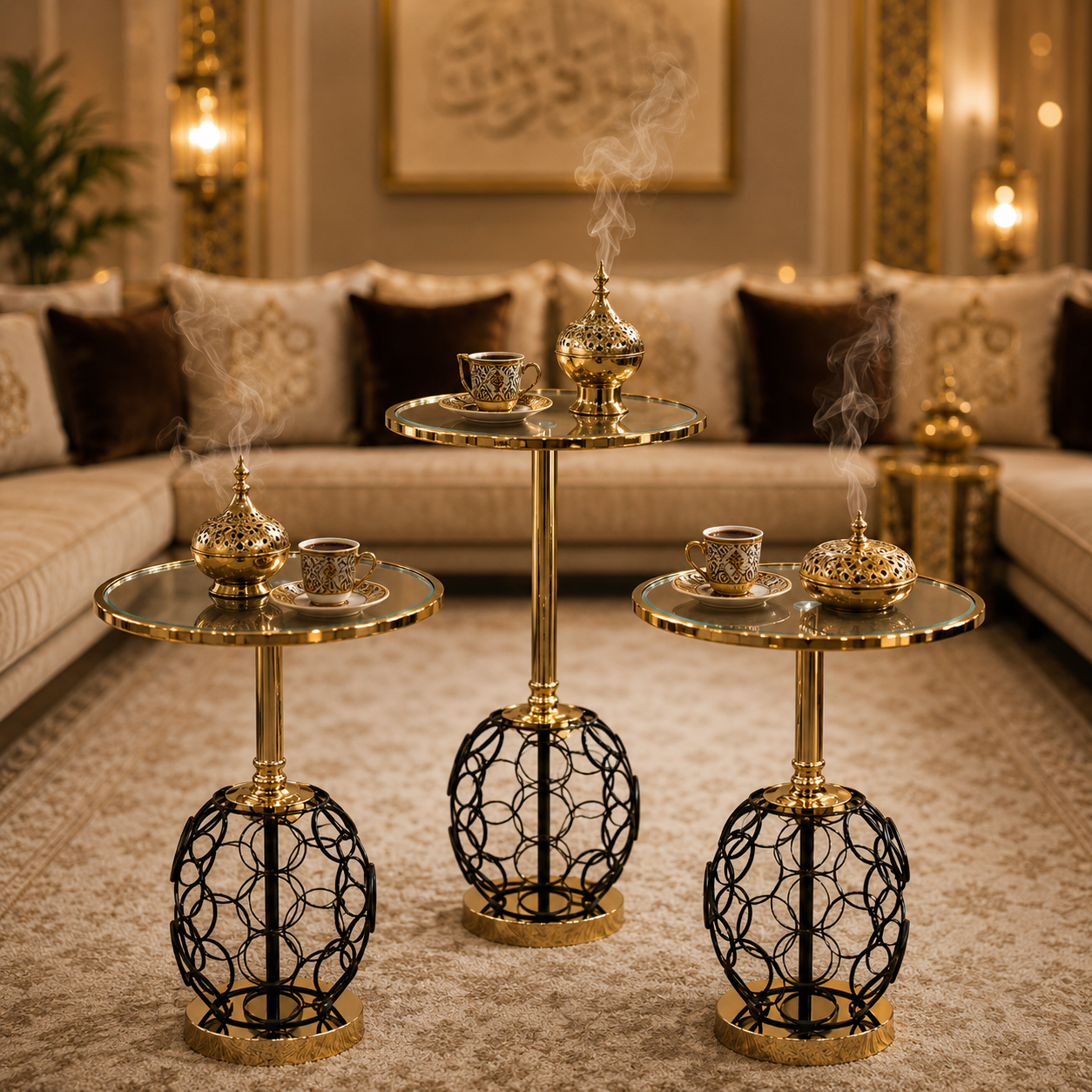 طقم 3 طاولات ذهبي أسود – خدمة فاخرة – تصميم عصري بلمسة ملكية – 3-Table