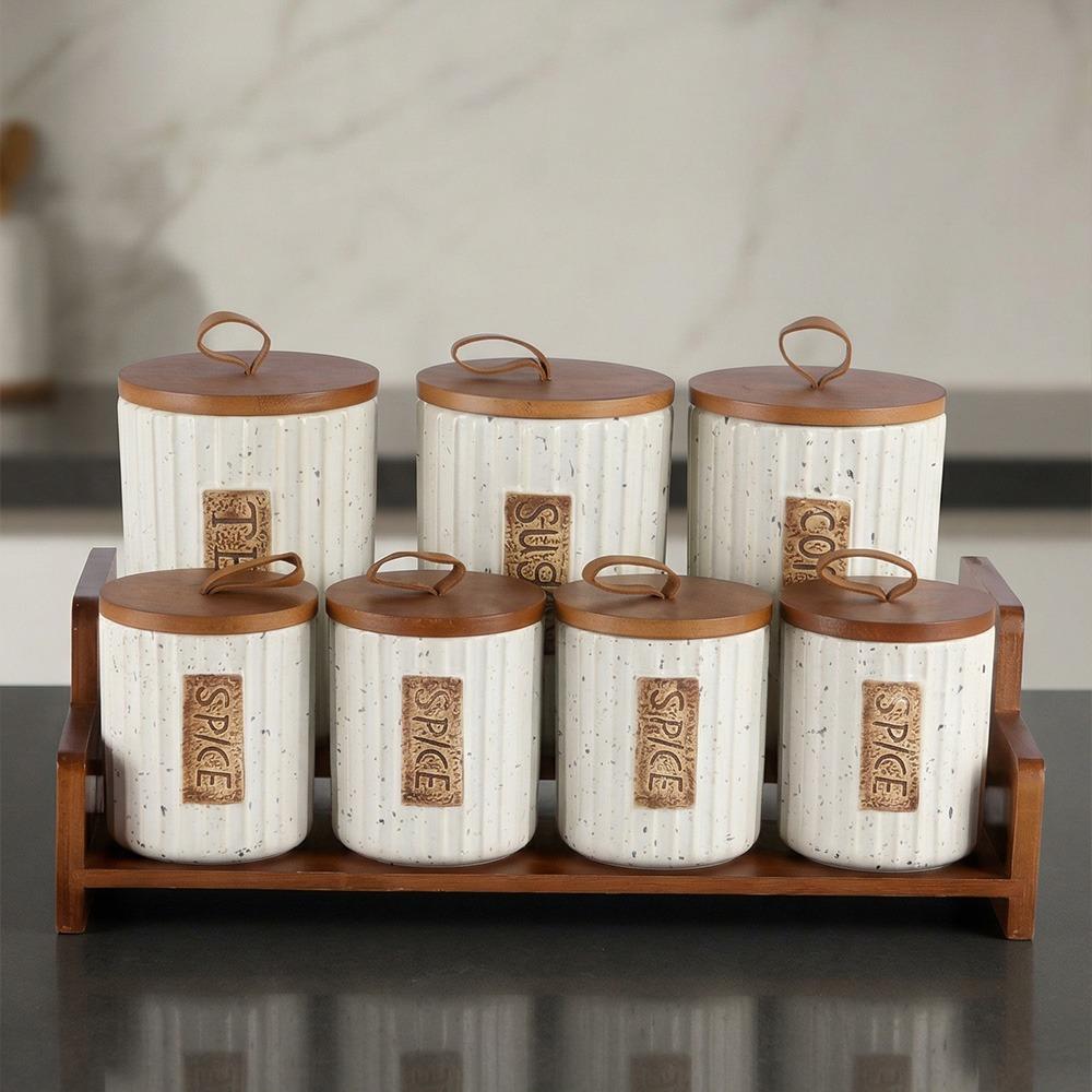 طقم توابل راقي بورسلين مع خشب 14 قطعة مع ستاند وغطاء خشب – Porcelain S