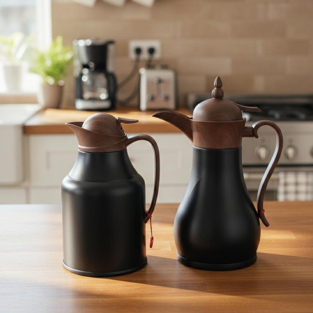 طقم 2 ترمس شاي وقهوة أسود خشبي – Tea & Coffee Thermos Set - Black