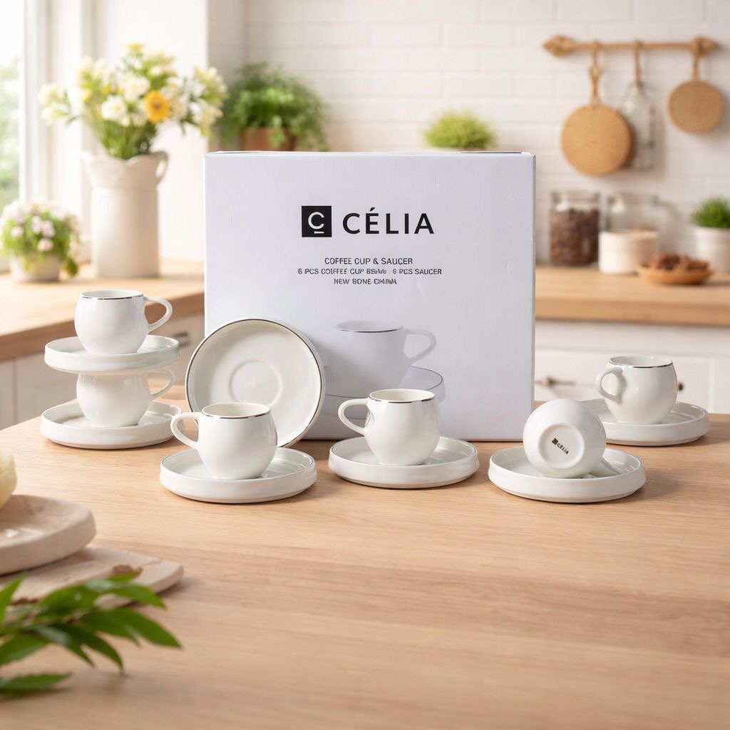 طقم أكواب القهوة التركية بخط-فضي من سيليا – Porcelain Coffee Cup Set -