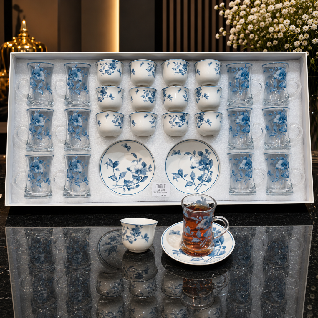 طقم  كاسات وفناجين ضيافة فاخر 36 قطعة بنقوش عربية أنيقة – – Luxury Ara