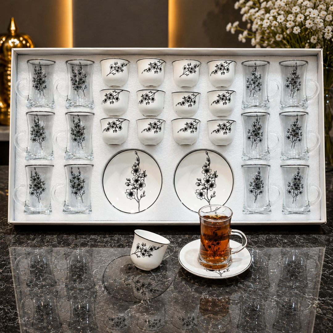 طقم  كاسات وفناجين ضيافة فاخر 36 قطعة بنقوش عربية أنيقة – – Luxury Ara