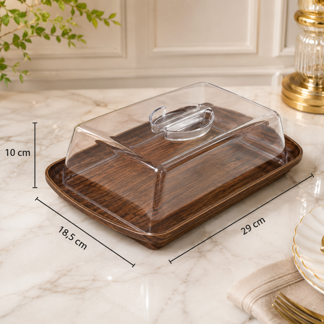 صحن تقديم حلويات بقاعدة خشبية وغطاء شفاف – Sweets Serving Dish with Wo