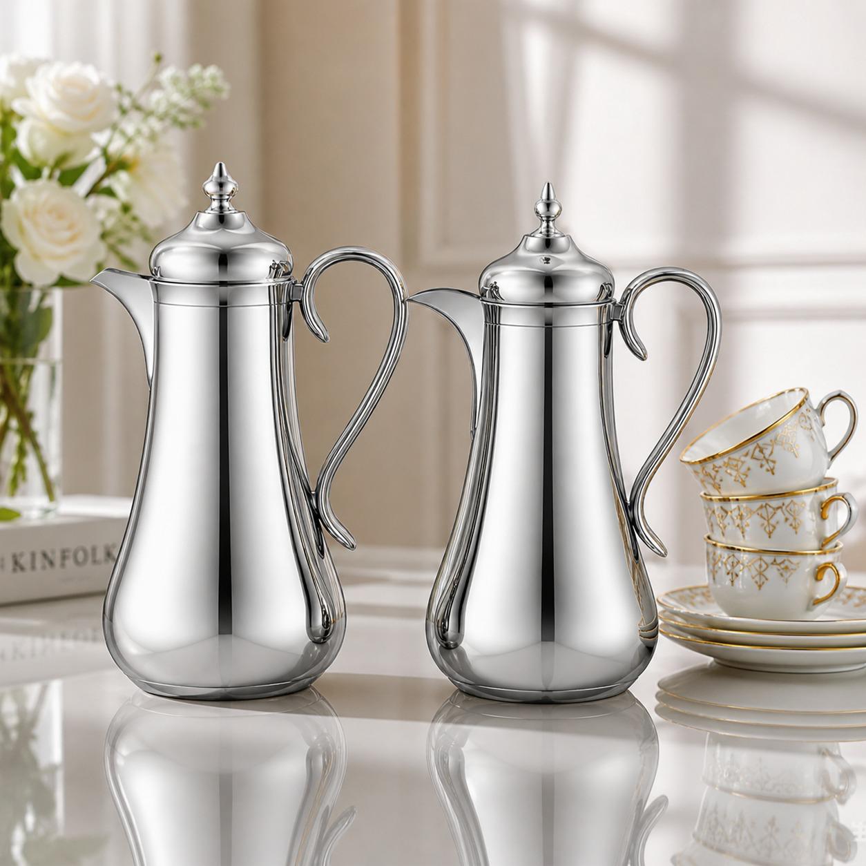 طقم ترامس (ثلاجات قهوة وشاي) لون فضي 1.0لتر لكل قطعه بتصميم – Tea & Co