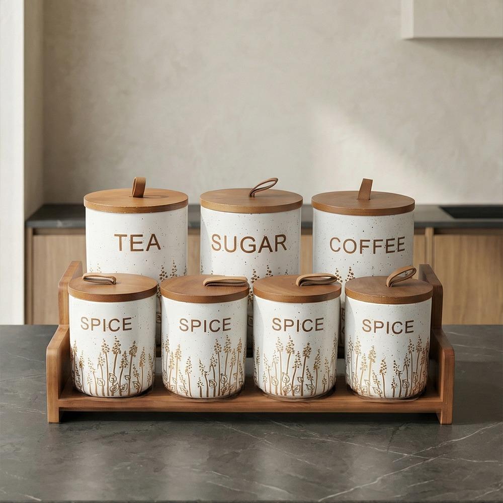 طقم بهارات بورسلين مكون من 14 قطع مع ستاند وغطاء خشب – Porcelain Spice