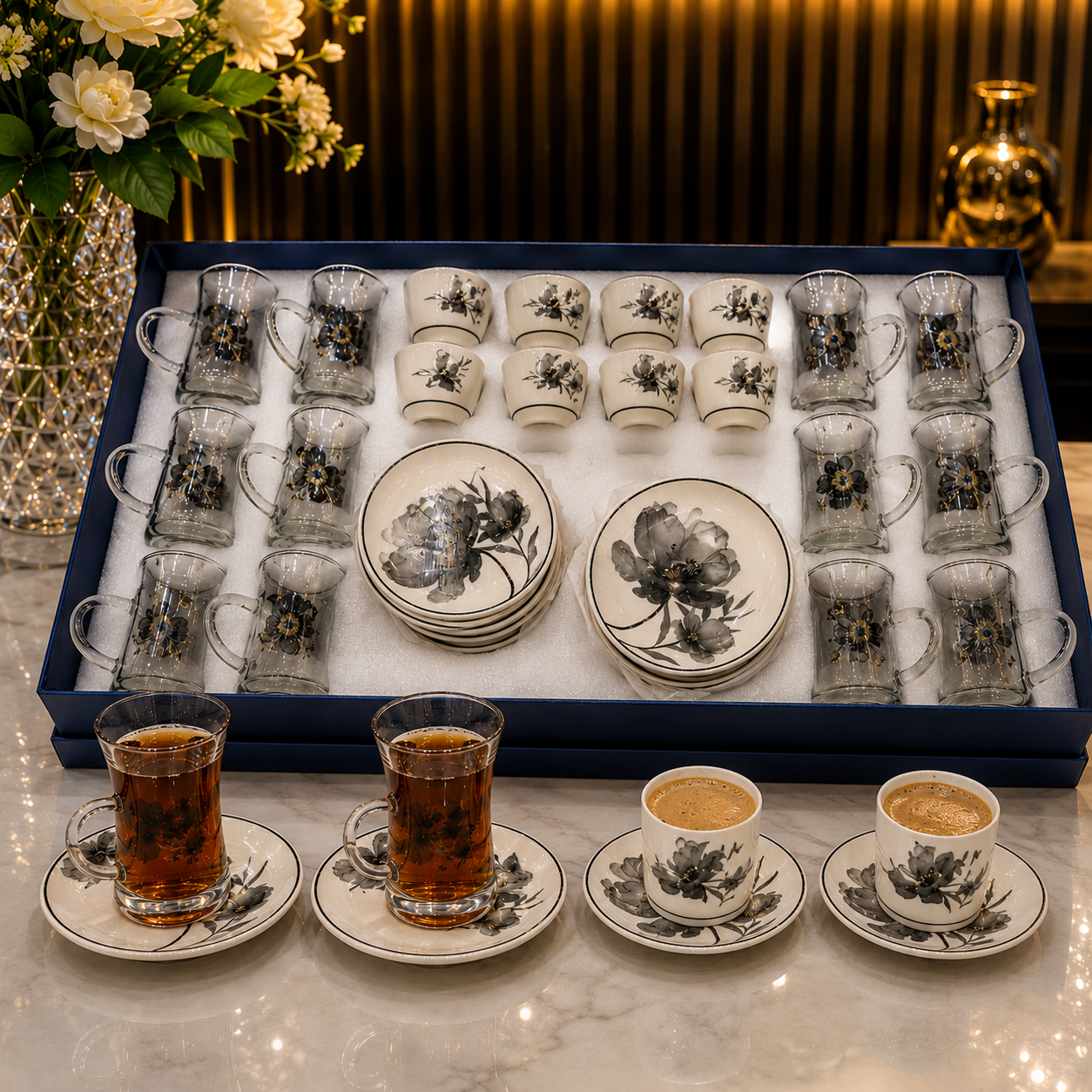 طقم كاسات وفناجين 36 قطعة – أسود – Premium Cups & Glasses Serving Set 