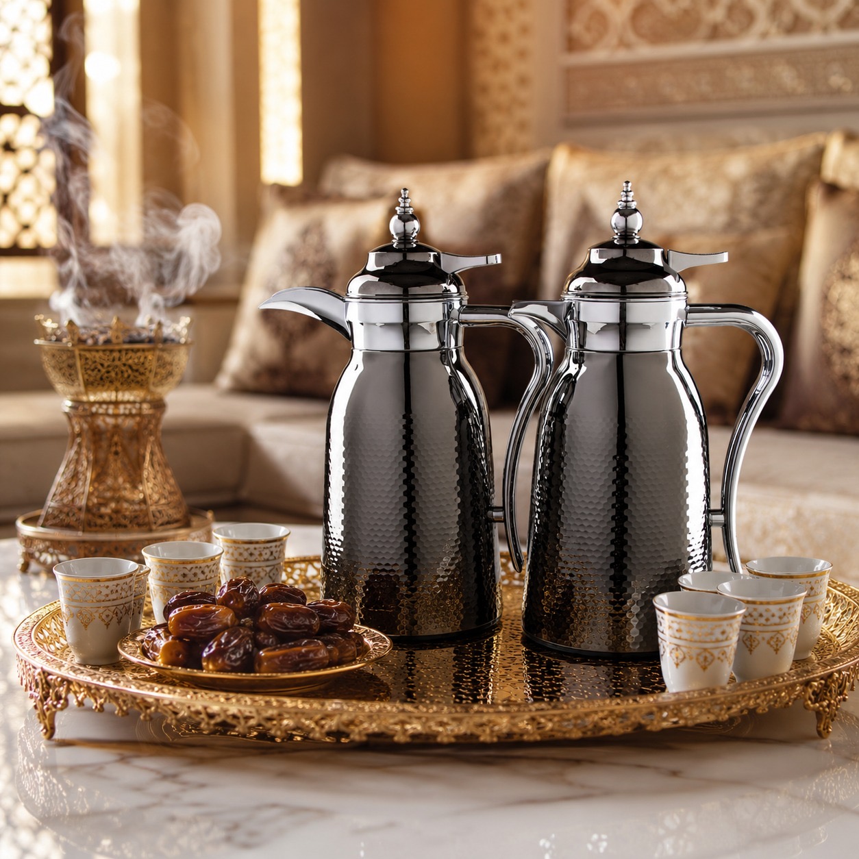 طقم ترامس فاخر باللون الأسود اللامع مع نقشة مطروقة أنيقة – Luxury Ther