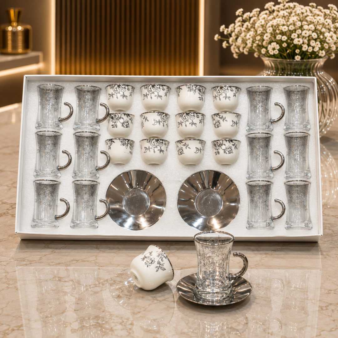 طقم  كاسات وفناجين ضيافة فاخر 36 قطعة بنقوش عربية أنيقة – – Luxury Ara